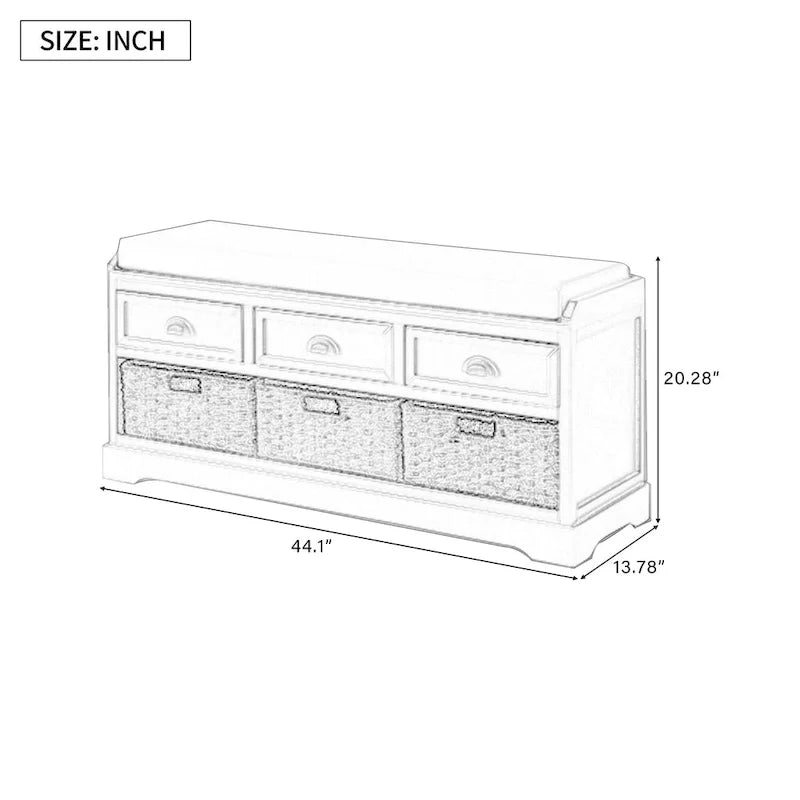 Storage Bench with Cushion, 3 Drawers and 3 Baskets