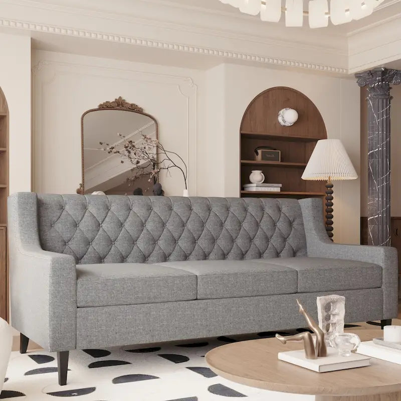 78.75 3-Seater Fabric Sofa with Tufted Back – Grey