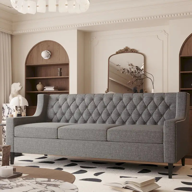 78.75 3-Seater Fabric Sofa with Tufted Back – Grey