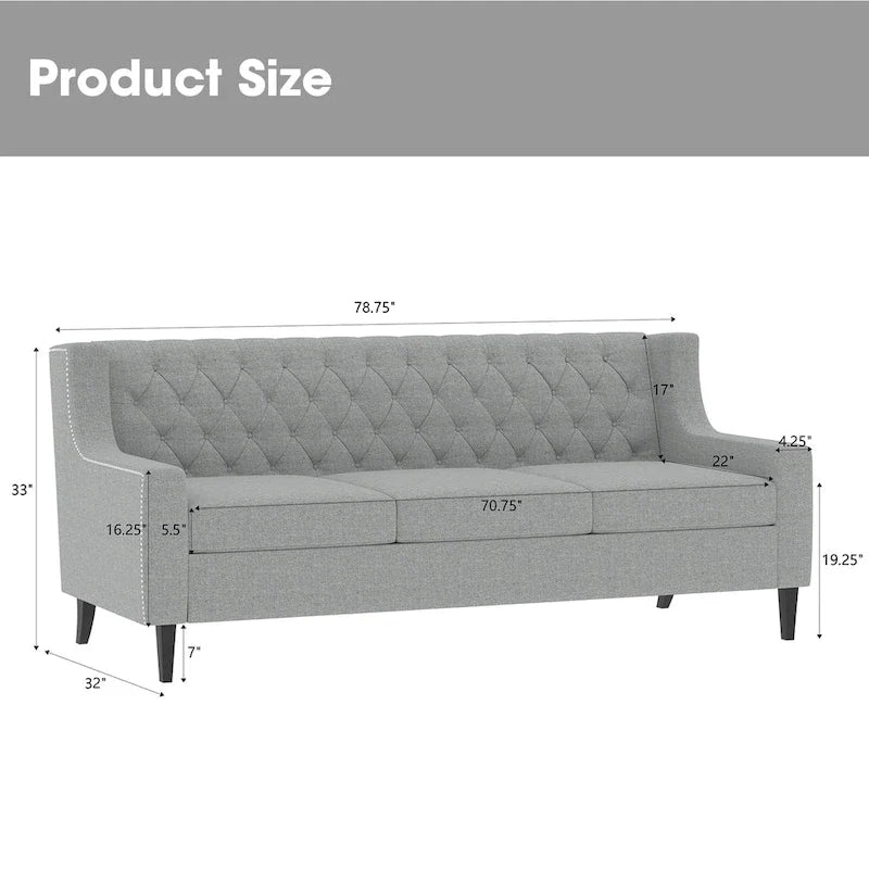 78.75 3-Seater Fabric Sofa with Tufted Back – Grey