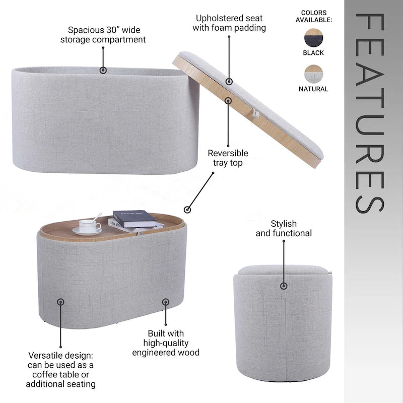 Reversible Storage Ottoman, 30 Wide