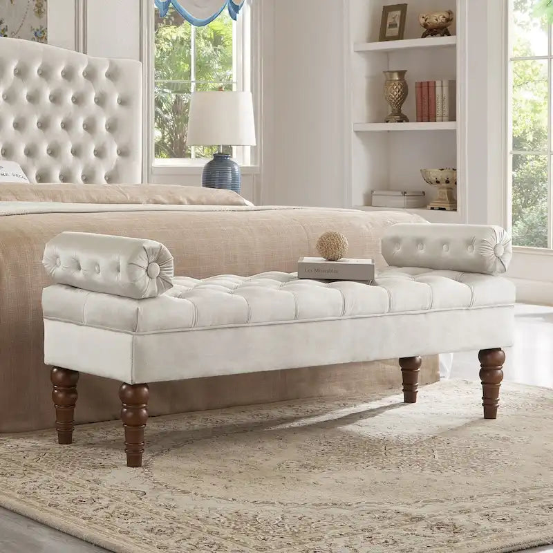 Upholstered Tufted Velvet Bench with Wooden Legs