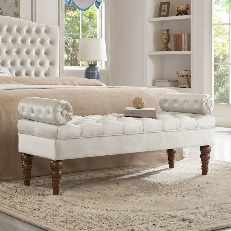Upholstered Tufted Velvet Bench with Wooden Legs