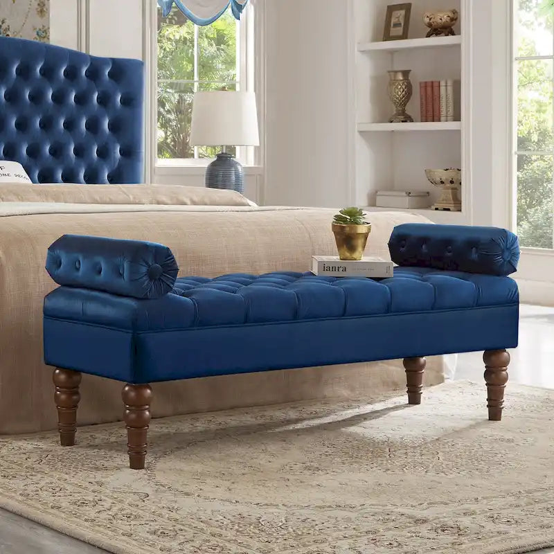 Upholstered Tufted Velvet Bench with Wooden Legs