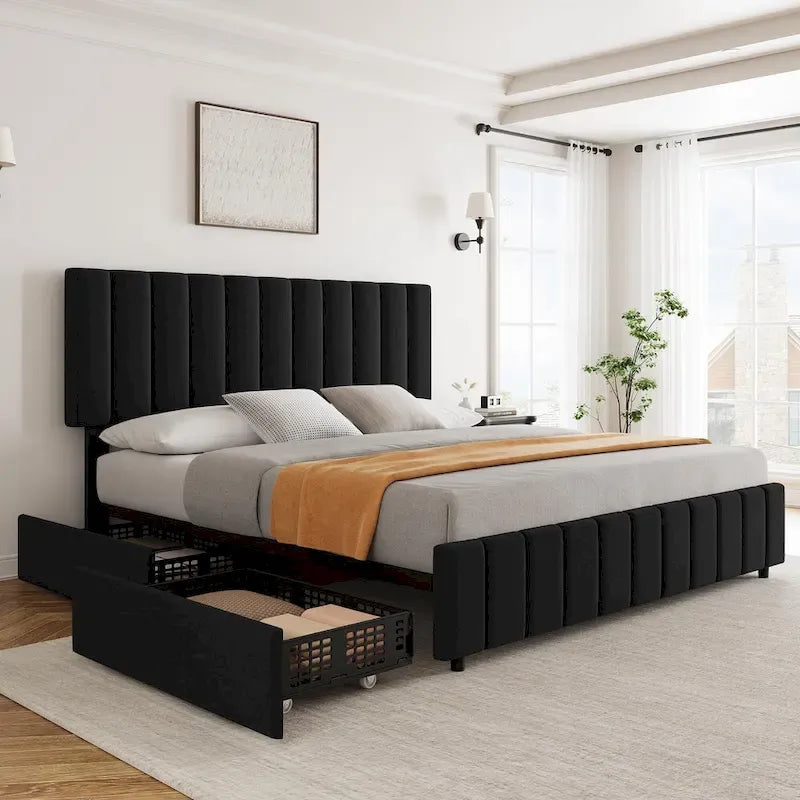 Linen Upholstered Bed Frame with 4 Storage Drawers