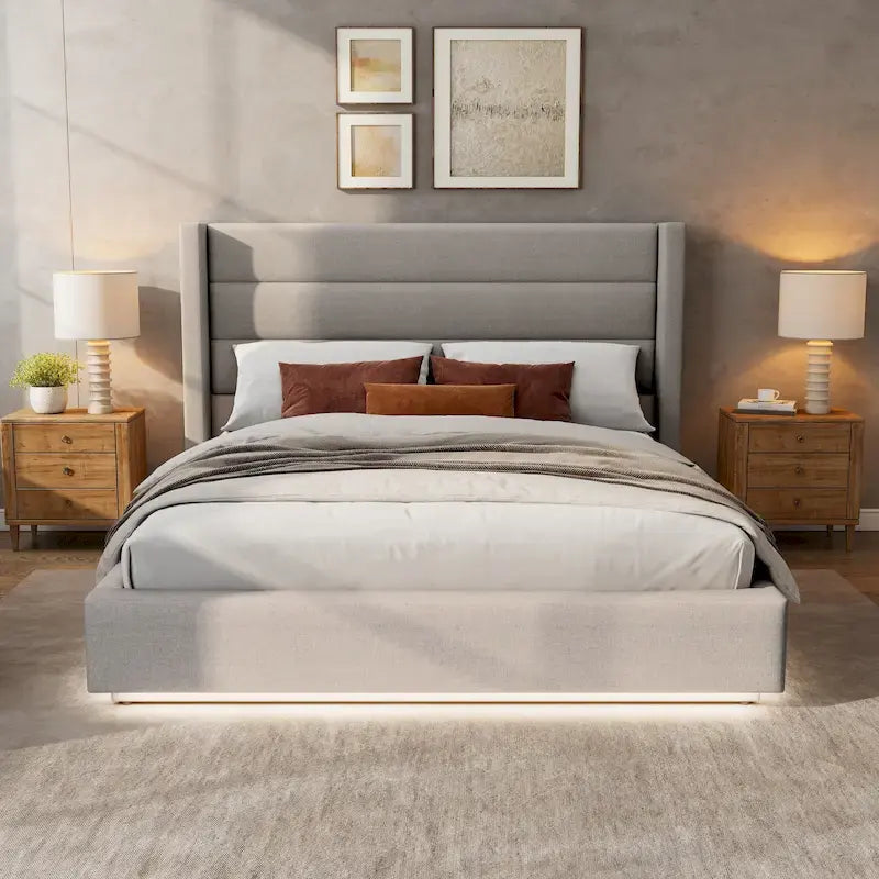 King Size Upholstered Platform Bed with Tufted Arched Headboard