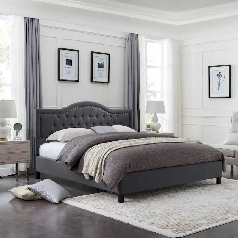 King Size Upholstered Platform Bed with Tufted Arched Headboard