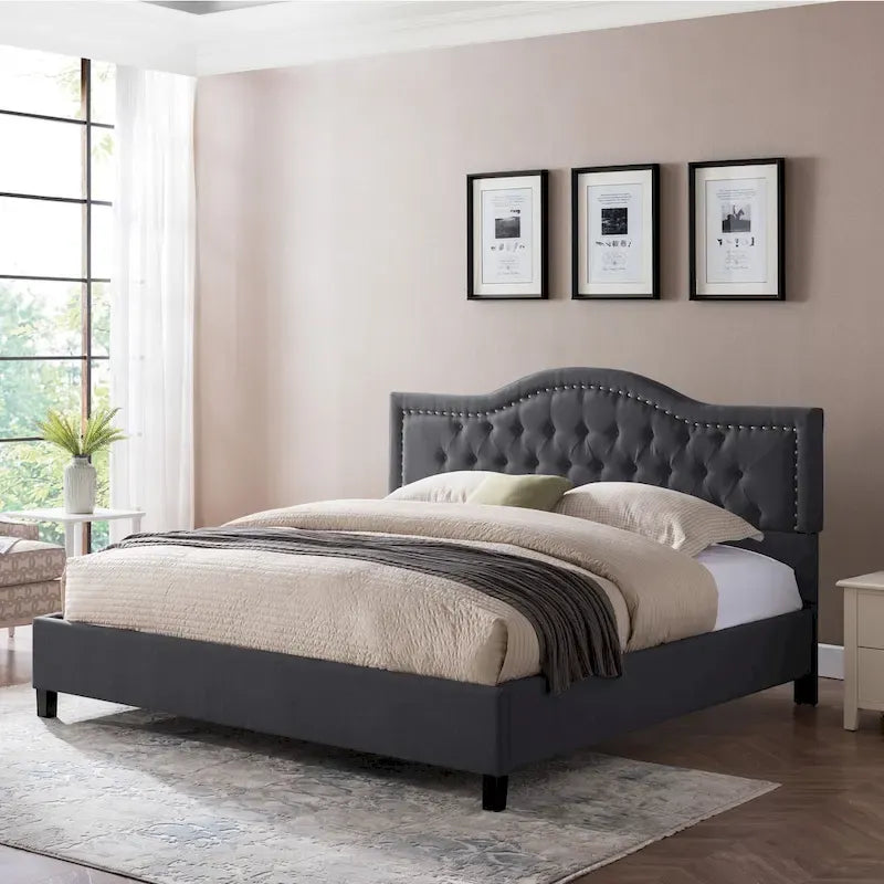 King Size Upholstered Platform Bed with Tufted Arched Headboard