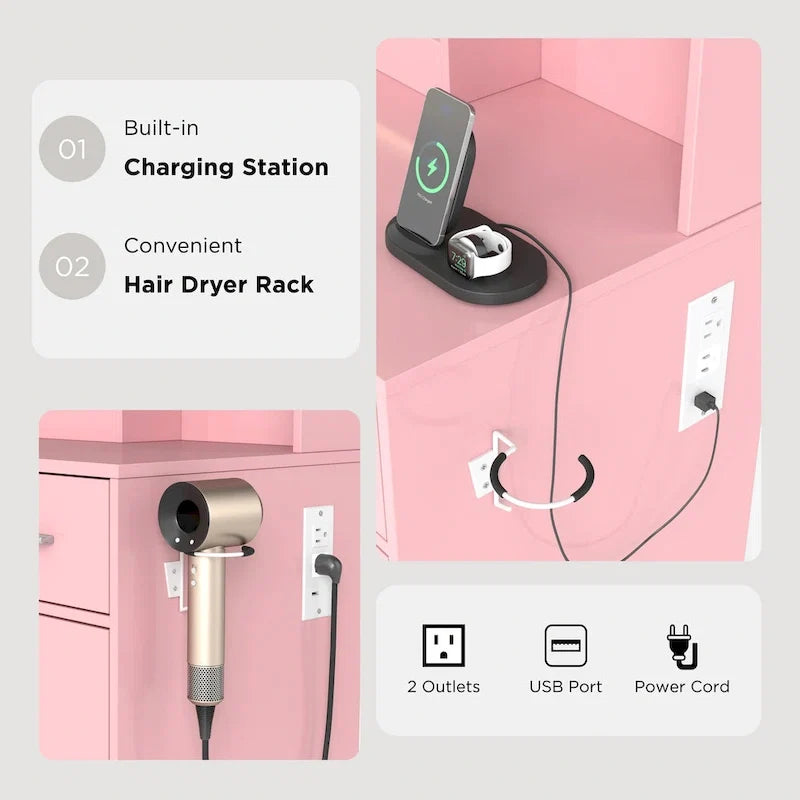 Vanity Desk with LED Mirror and Charging Station