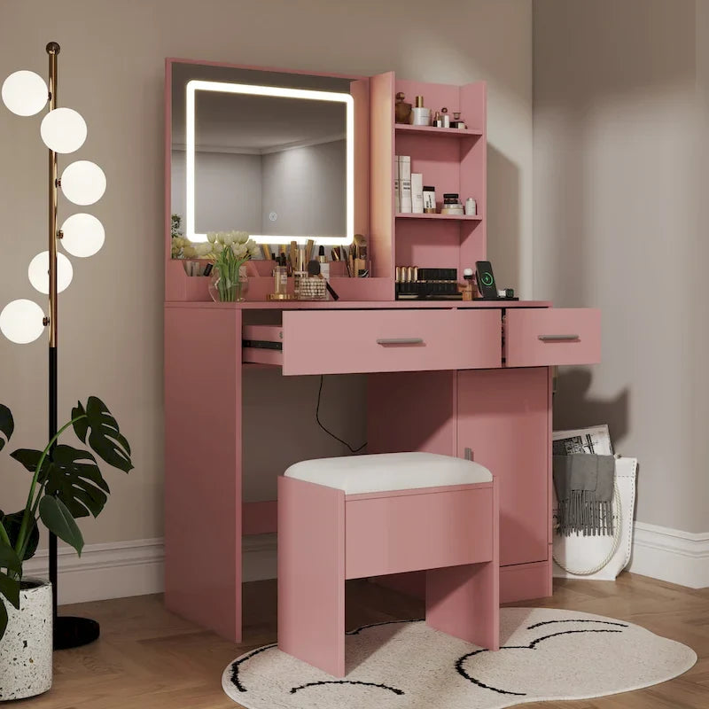 Vanity Desk with LED Mirror and Charging Station