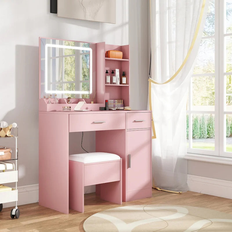 Vanity Desk with LED Mirror and Charging Station