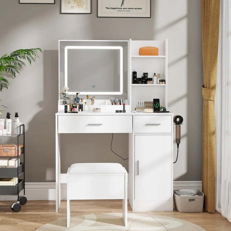 Vanity Desk with LED Mirror and Charging Station