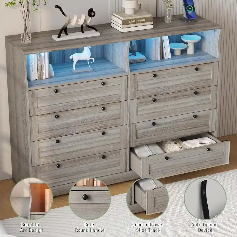 8-Drawer Dresser with Charging Station and LED Lights