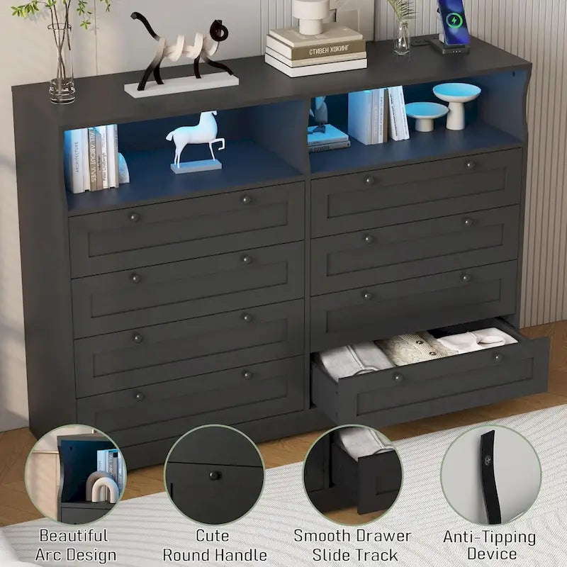 8-Drawer Dresser with Charging Station and LED Lights