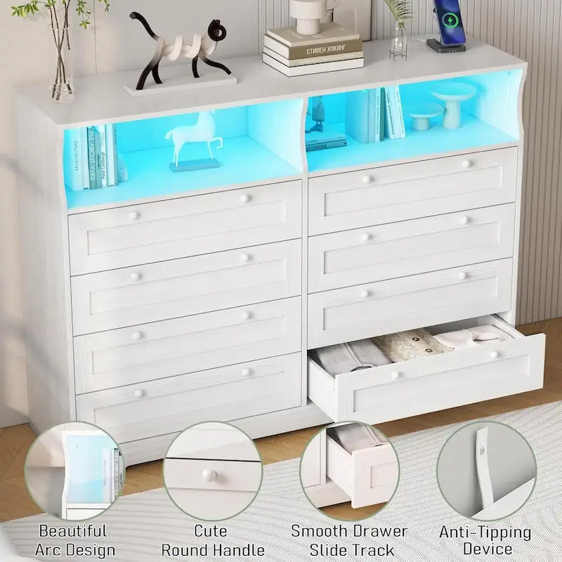 8-Drawer Dresser with Charging Station and LED Lights
