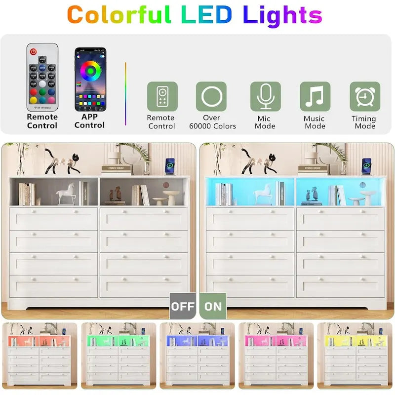 8-Drawer Dresser with Charging Station and LED Lights