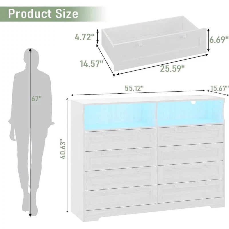 8-Drawer Dresser with Charging Station and LED Lights
