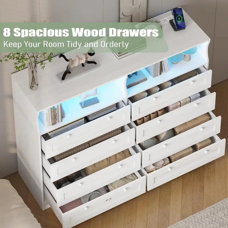 8-Drawer Dresser with Charging Station and LED Lights