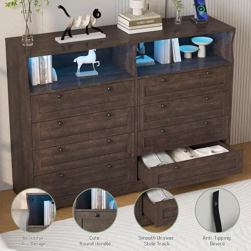 8-Drawer Dresser with Charging Station and LED Lights