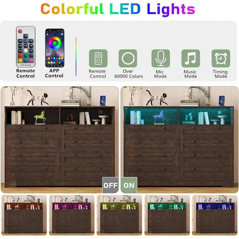 8-Drawer Dresser with Charging Station and LED Lights