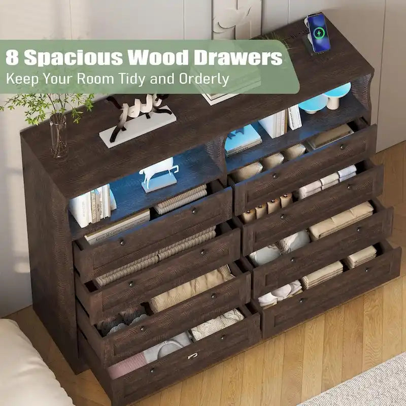 8-Drawer Dresser with Charging Station and LED Lights