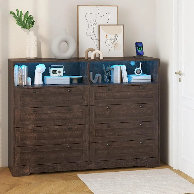 8-Drawer Dresser with Charging Station and LED Lights