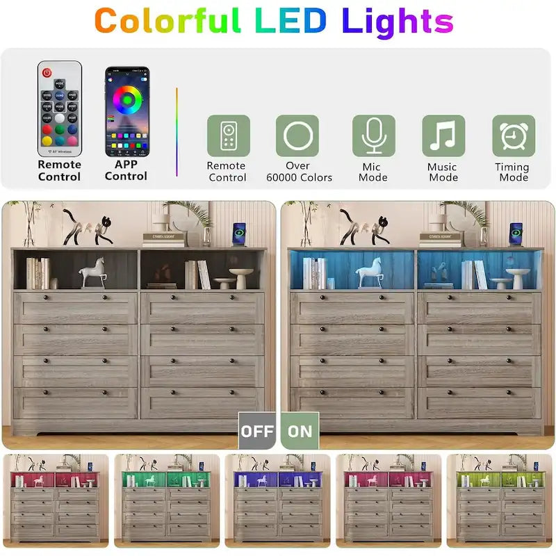 8-Drawer Dresser with Charging Station and LED Lights