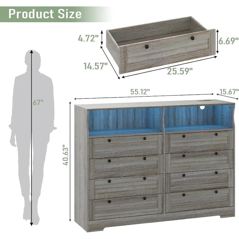 8-Drawer Dresser with Charging Station and LED Lights