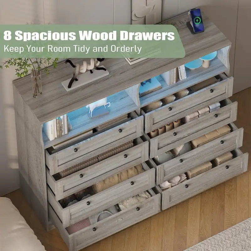 8-Drawer Dresser with Charging Station and LED Lights
