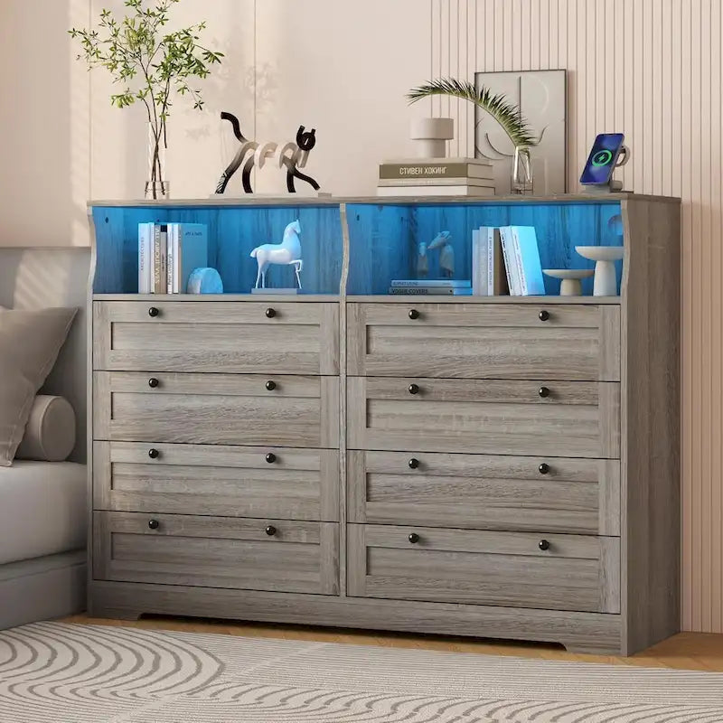 8-Drawer Dresser with Charging Station and LED Lights