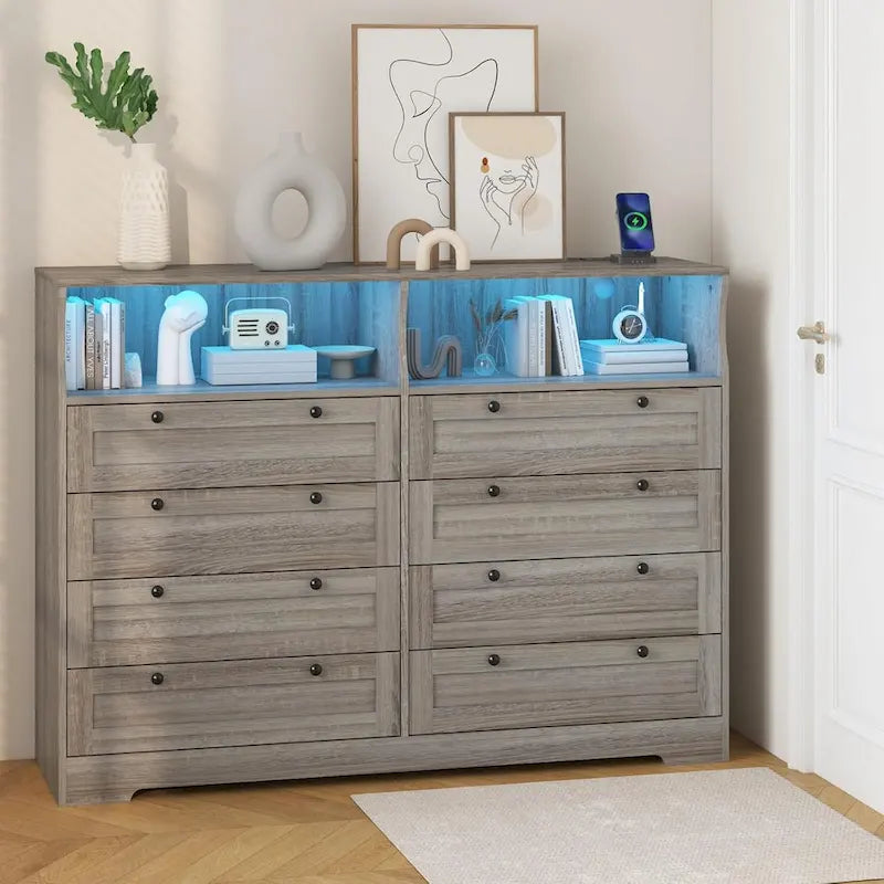 8-Drawer Dresser with Charging Station and LED Lights