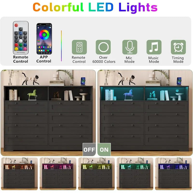 8-Drawer Dresser with Charging Station and LED Lights