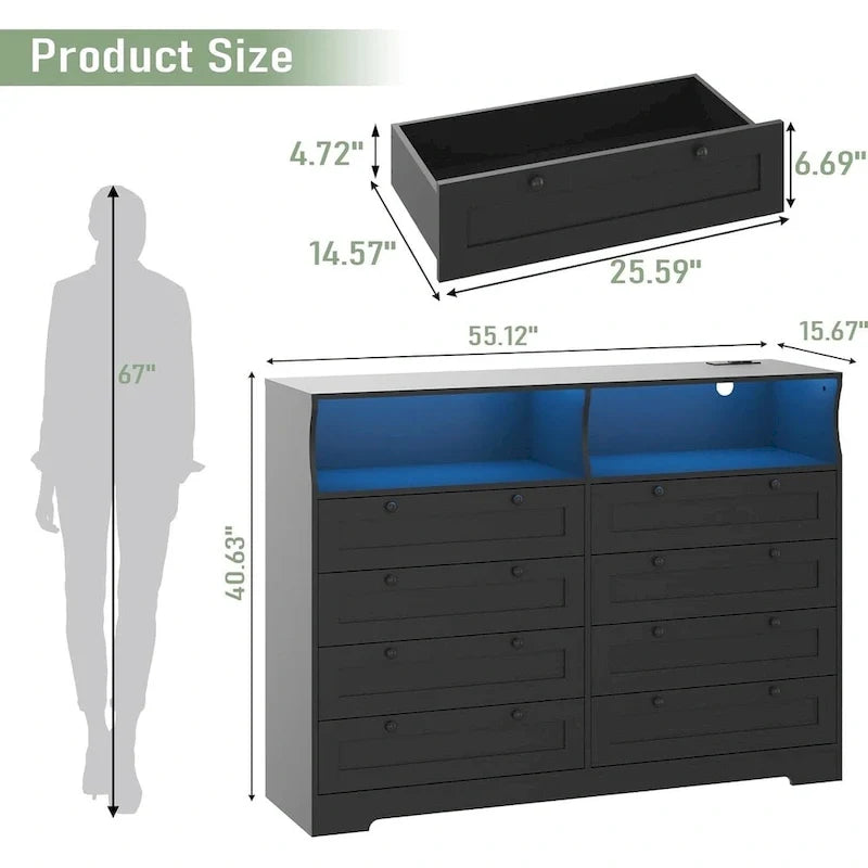 8-Drawer Dresser with Charging Station and LED Lights