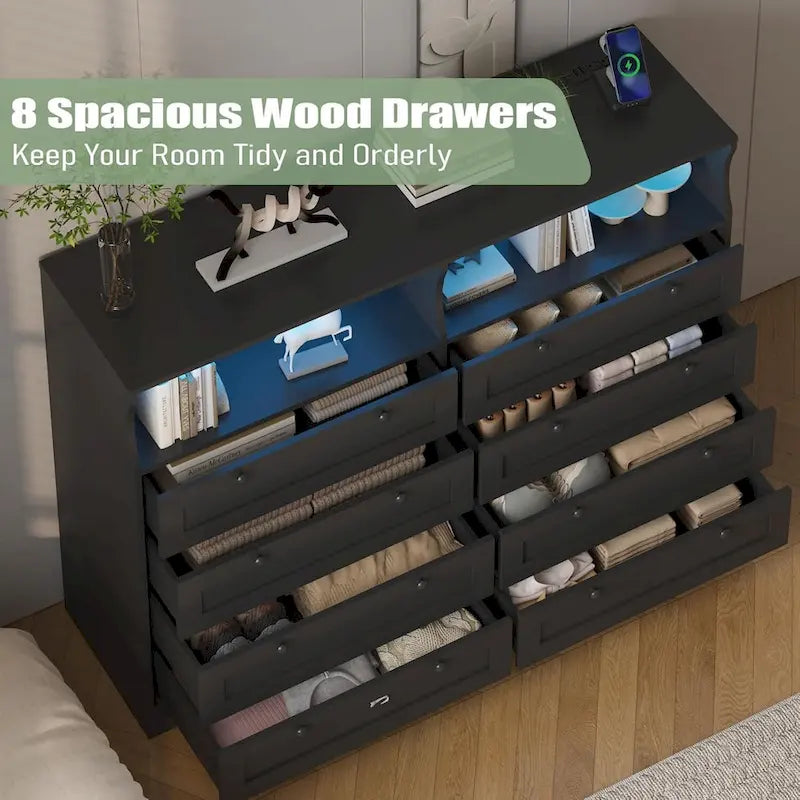 8-Drawer Dresser with Charging Station and LED Lights