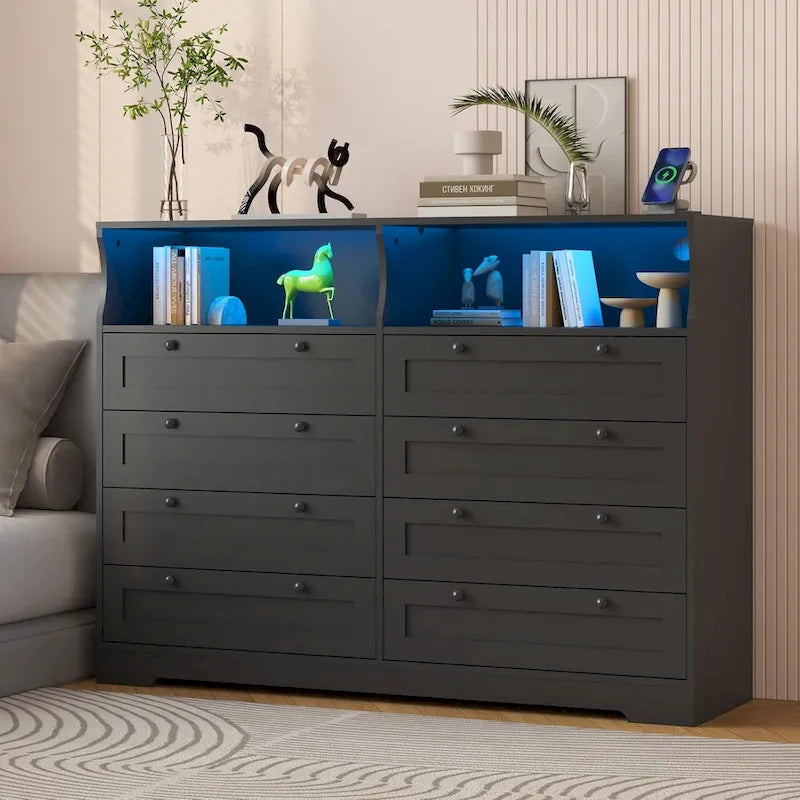 8-Drawer Dresser with Charging Station and LED Lights