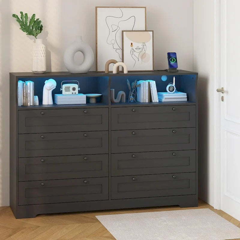8-Drawer Dresser with Charging Station and LED Lights
