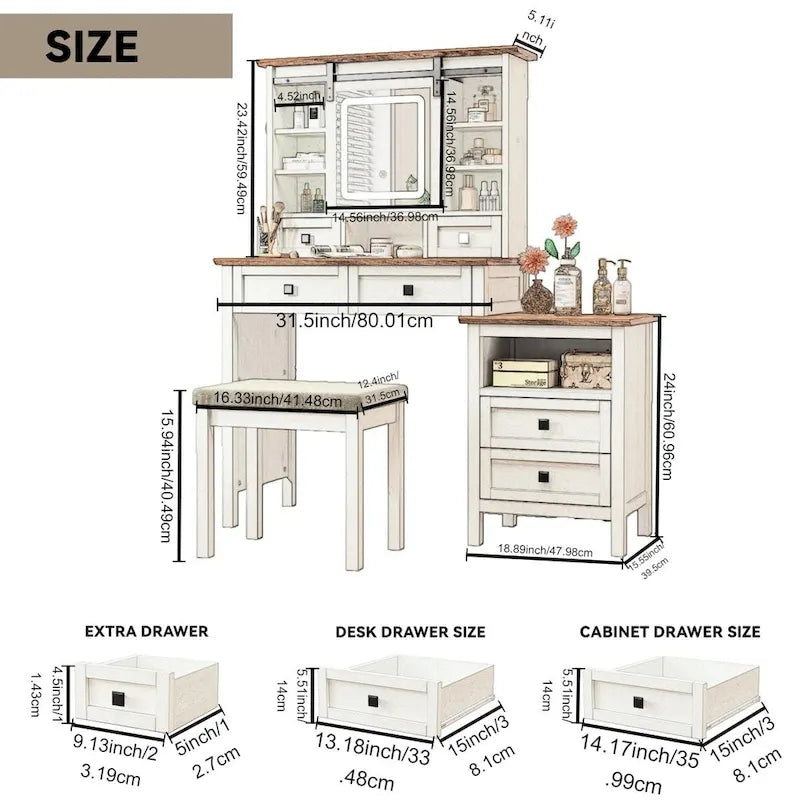 46.5 Farmhouse Makeup Vanity Desk with Adjustible LED Lighted Mirror and Charging Station for Bedroom
