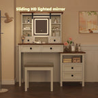 46.5 Farmhouse Makeup Vanity Desk with Adjustible LED Lighted Mirror and Charging Station for Bedroom