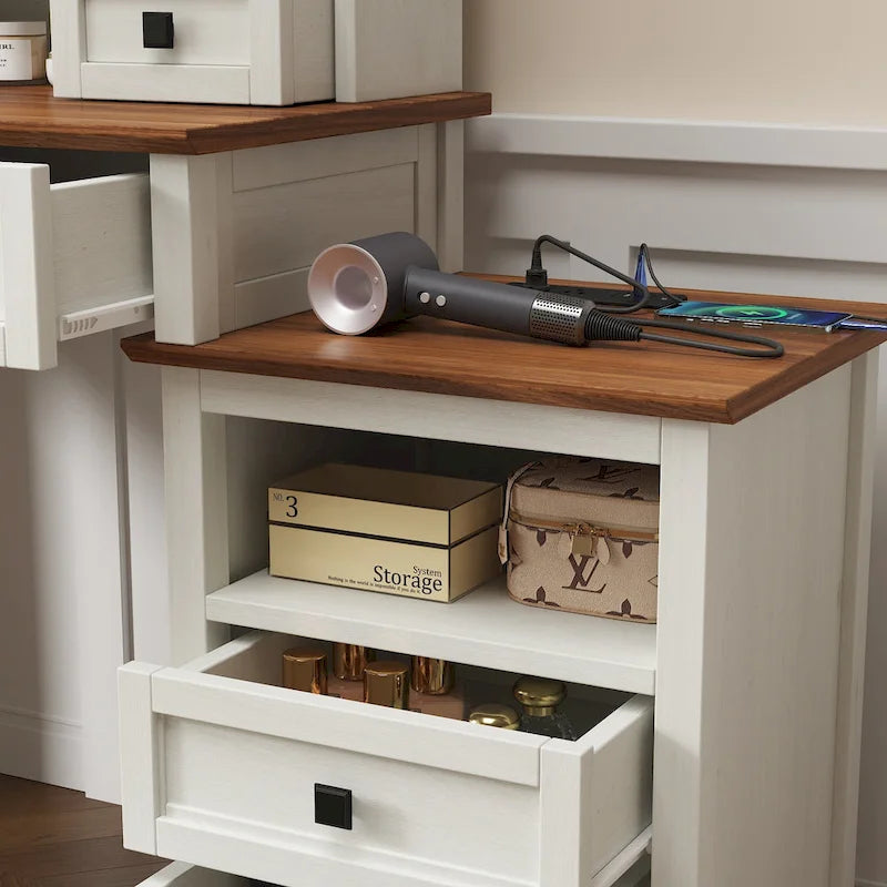 46.5 Farmhouse Makeup Vanity Desk with Adjustible LED Lighted Mirror and Charging Station for Bedroom