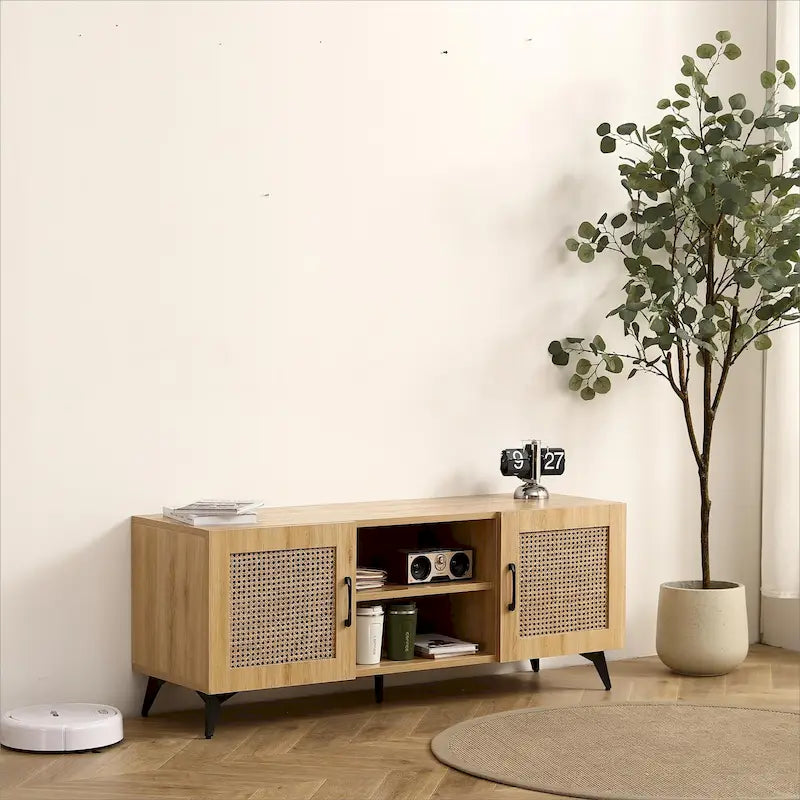 TV Stand Storage Cabinet with Rattan Net, 51.2 Inch