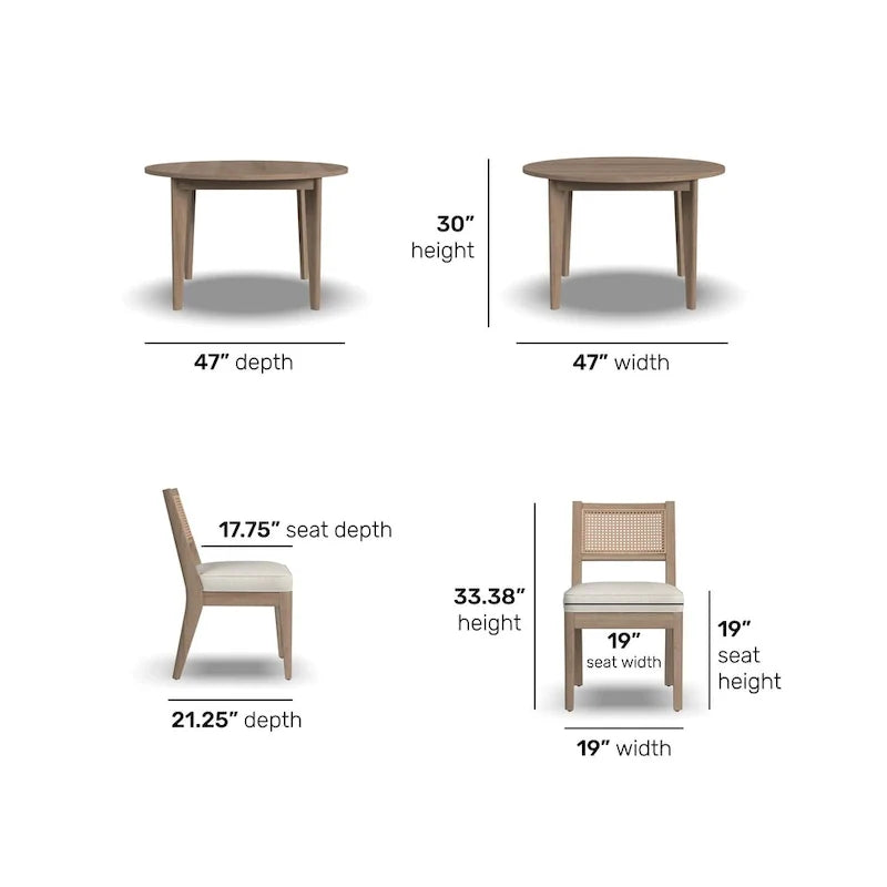 5-Piece Brown Wood Round Dining Set with Cane Back Chairs - 47 x 30 x 47