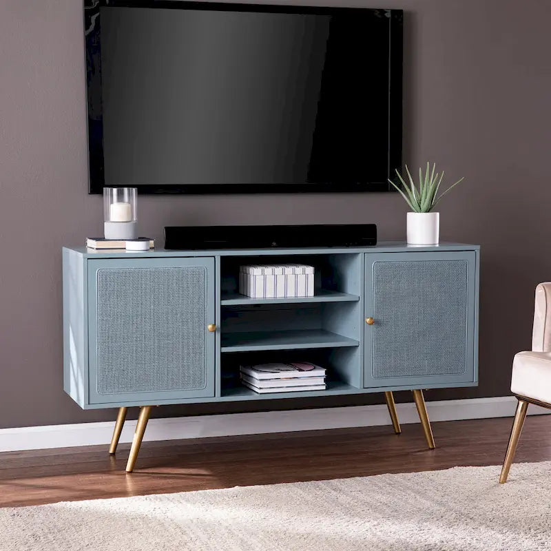 TV Stand with Rattan Cabinet Doors for TVs up to 56 Inches - Mint / Gold
