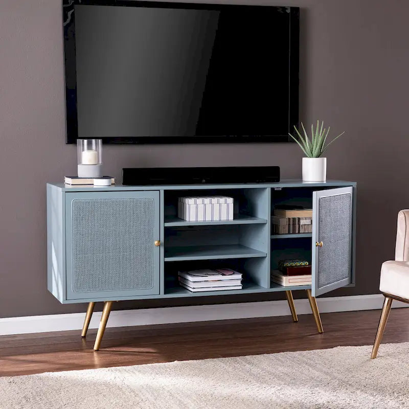 TV Stand with Rattan Cabinet Doors for TVs up to 56 Inches - Mint / Gold