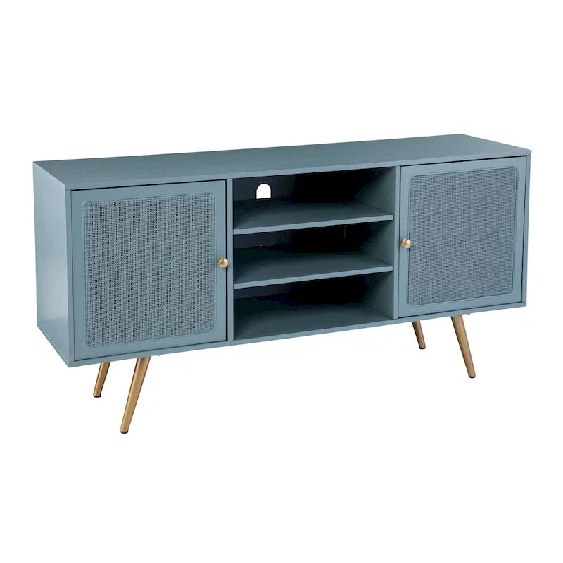 TV Stand with Rattan Cabinet Doors for TVs up to 56 Inches - Mint / Gold