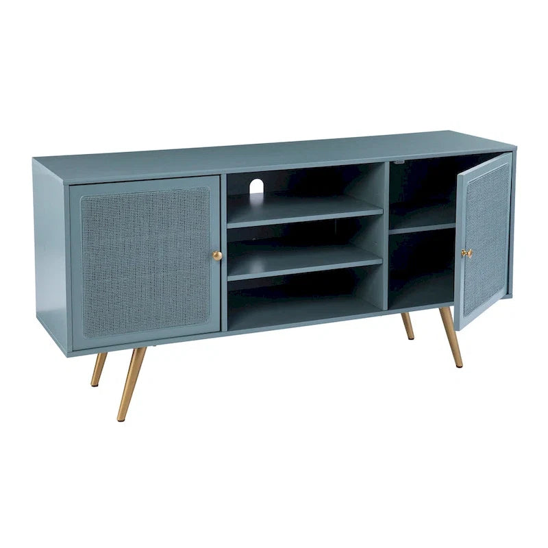 TV Stand with Rattan Cabinet Doors for TVs up to 56 Inches - Mint / Gold