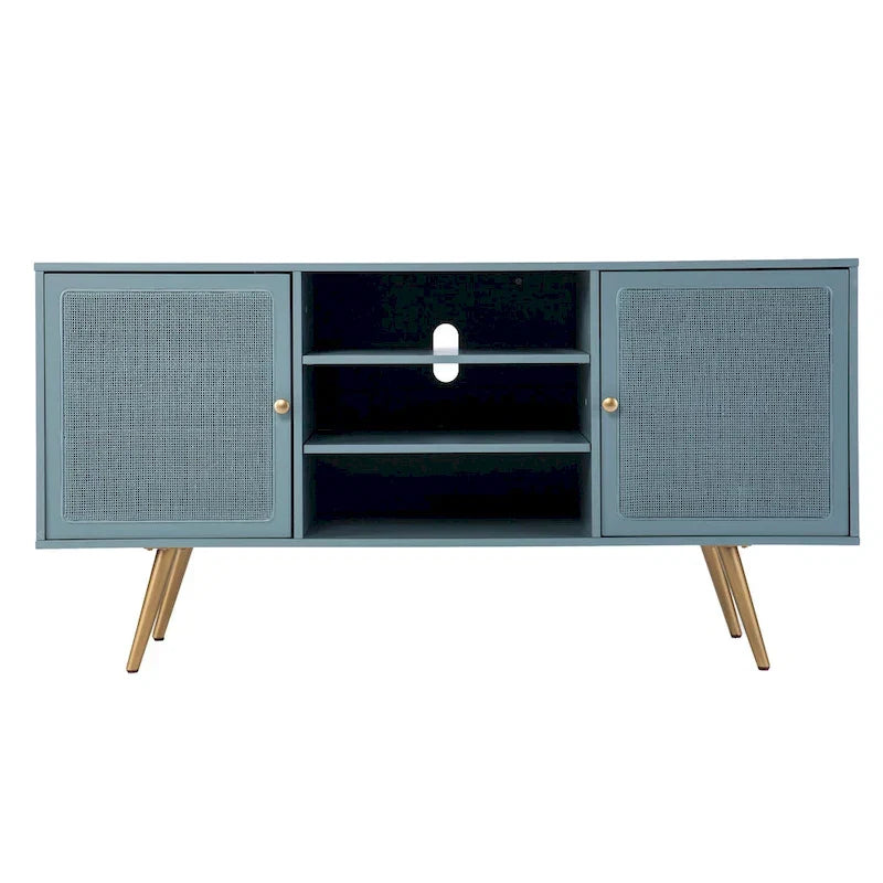 TV Stand with Rattan Cabinet Doors for TVs up to 56 Inches - Mint / Gold