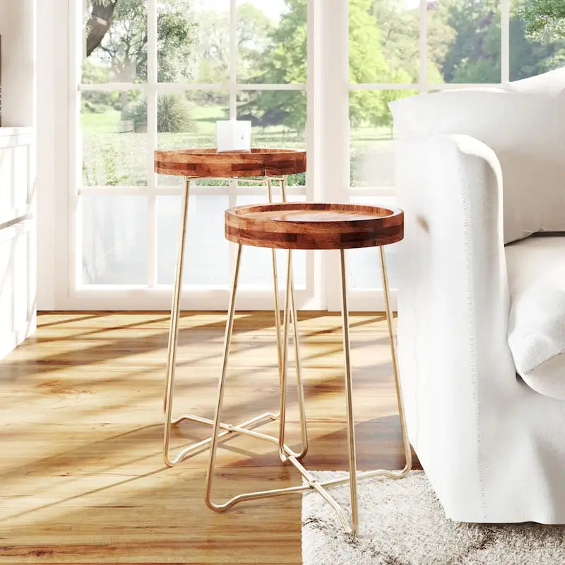 Round Accent Table with Iron and Mango Wood Tray Top
