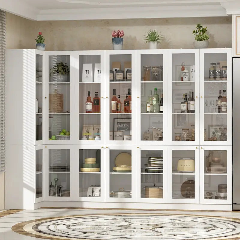 Pantry Storage Cabinet with Drawers and Glass Doors