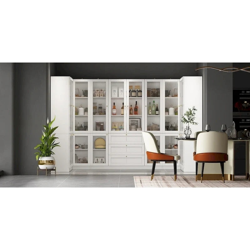 Pantry Storage Cabinet with Drawers and Glass Doors