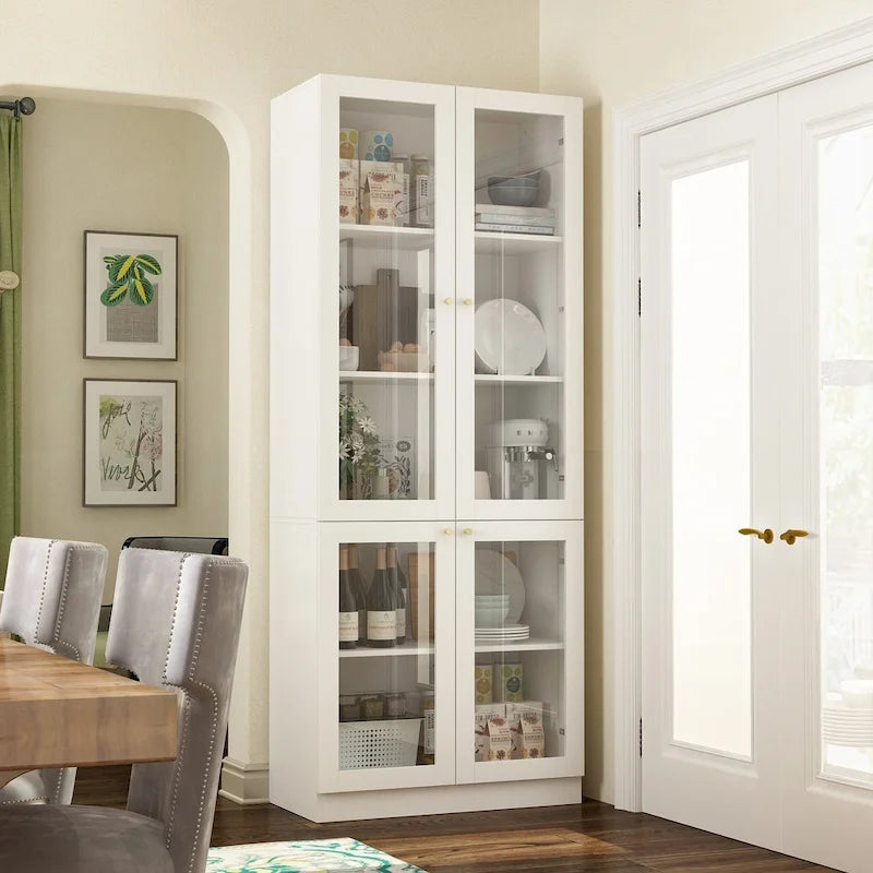 Pantry Storage Cabinet with Drawers and Glass Doors